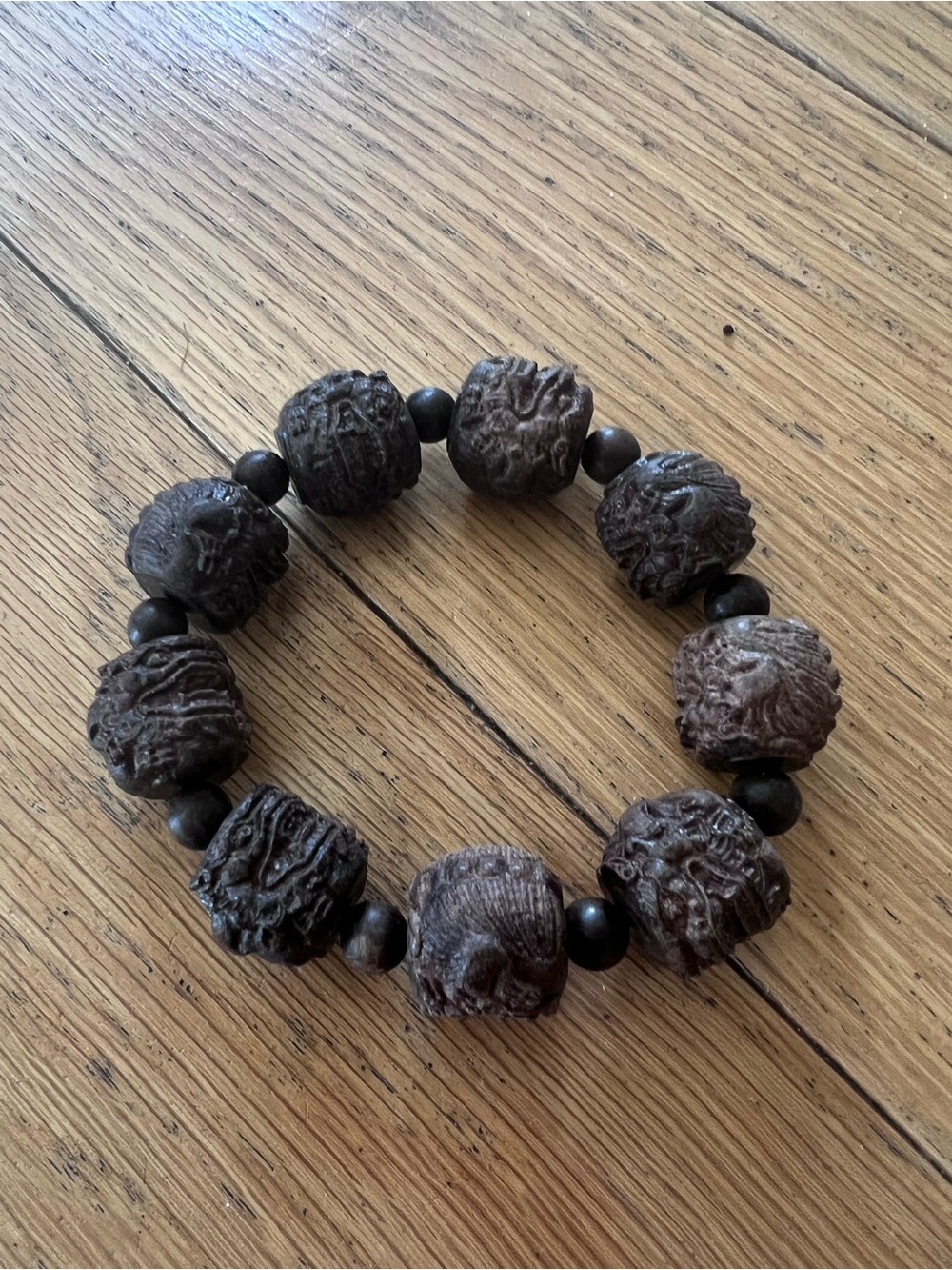 Carved Demon Head Wooden Bead Bracelet
